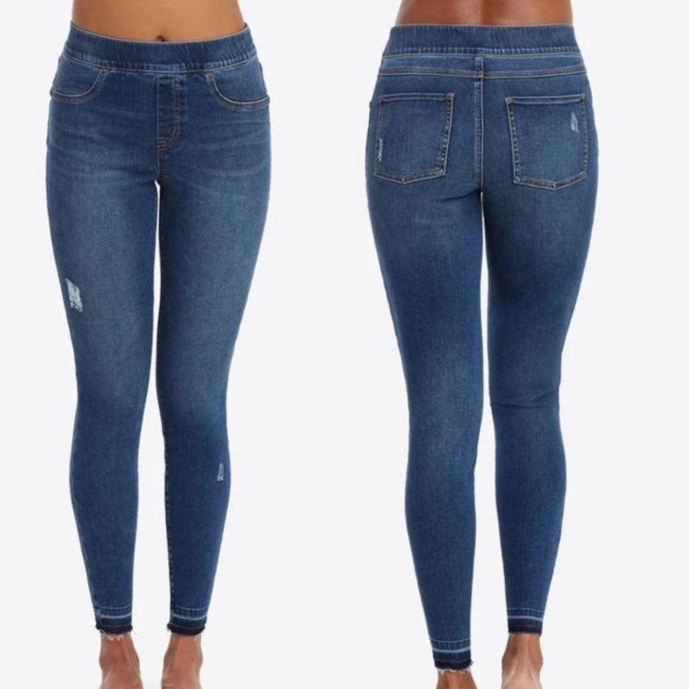 SPANX Women's Distressed Skinny Jeans in Medium Wash Blue